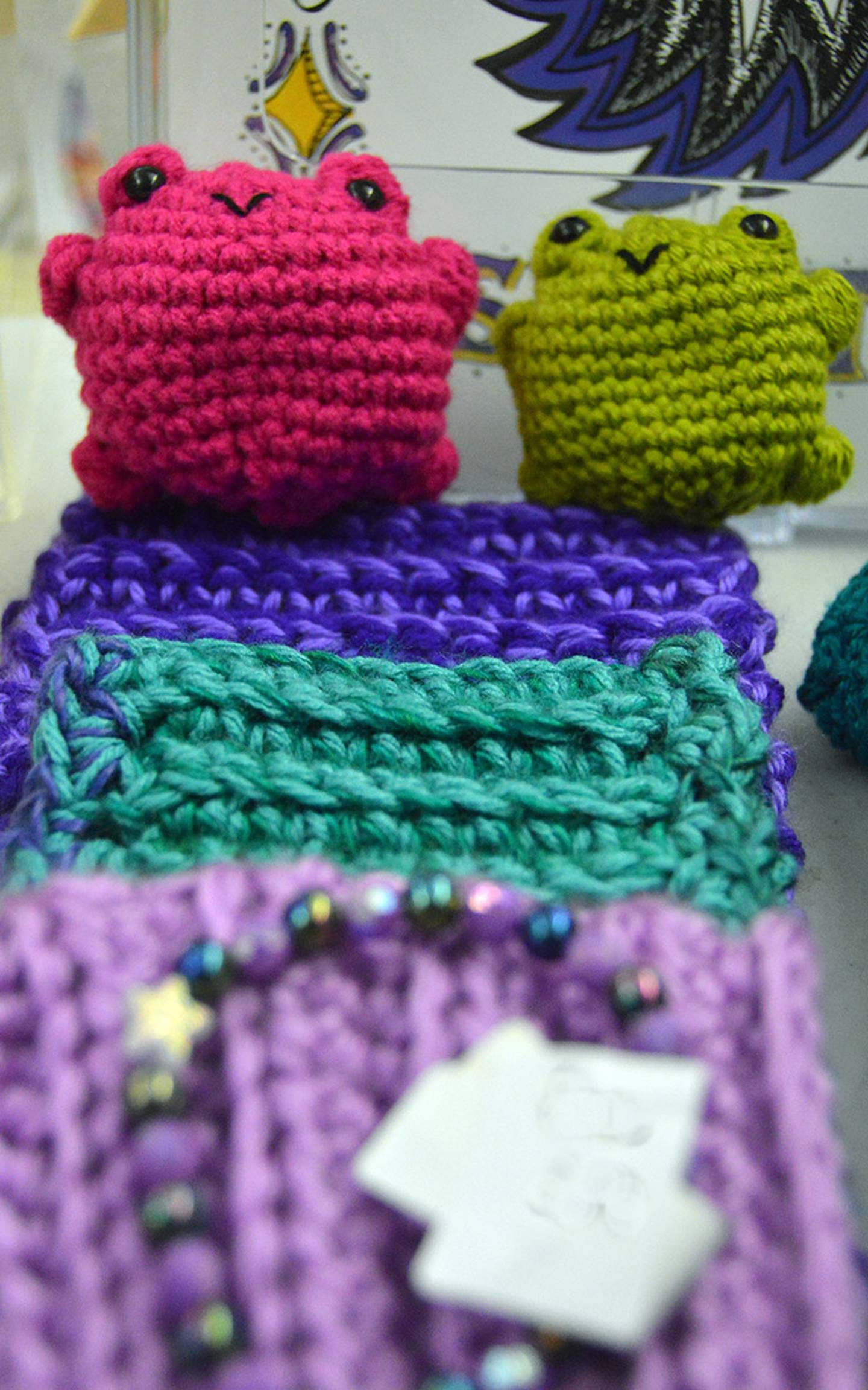 Crocheted items, jewelry, ceramics and other student-made arts and crafts that will be available at the Illinois Valley Community College Art Club’s Valentine’s Day sale Thursday, Feb. 13.