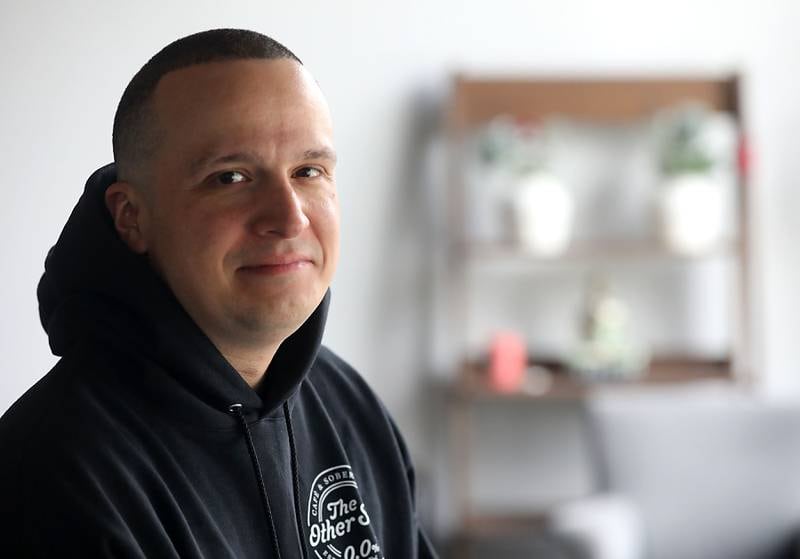 New Directions case manager Joe Ledesma on Wednesday, May 6, 2026, at the Other Side sober bar, in Crystal Lake. Ledesma started a new recovery group on Saturdays at the sober bar. The recovery group uses Buddhist ideologies to help overcome addiction.
