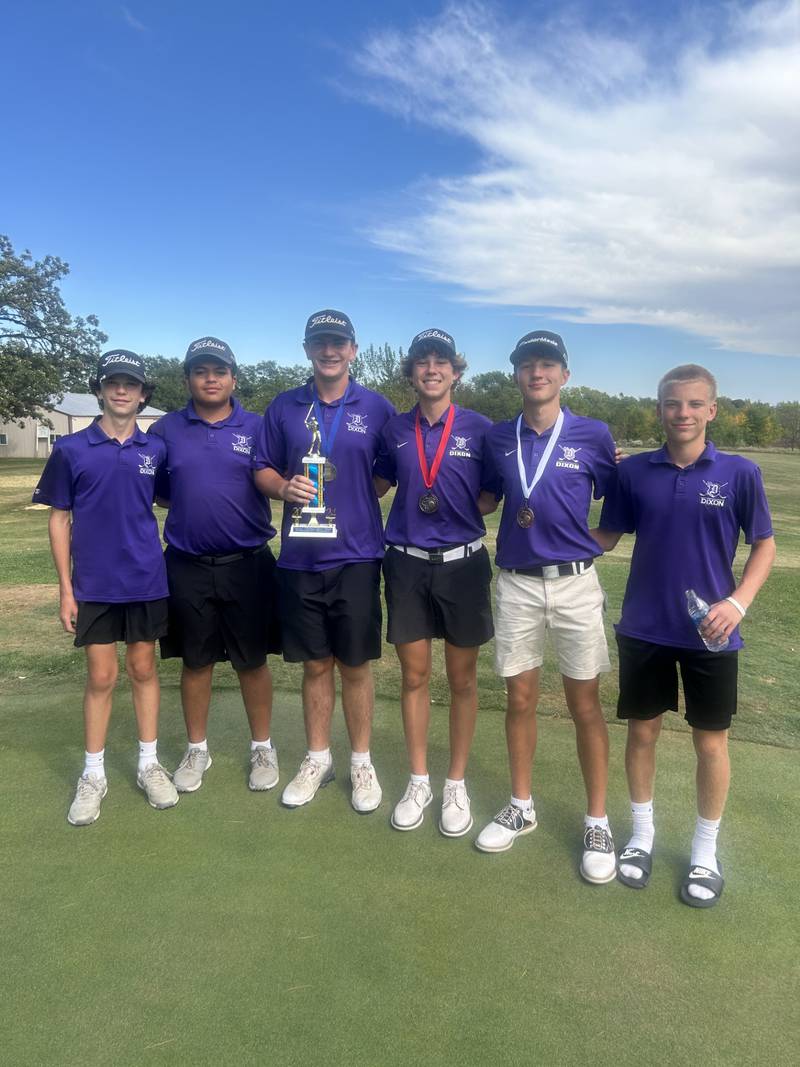 The Dixon boys golf team is pictured after winning the Salley Wessels tournament in Mt. Morris on Saturday, Sept. 21, 2024 at Sunset Golf Course. The team shot a 328.