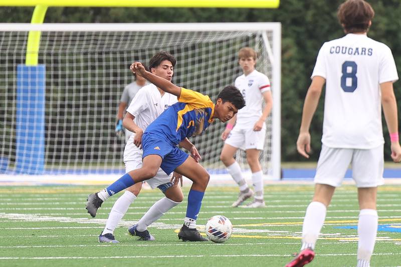 Joliet Central’s Ramiro Vargas cuts off a pass against Plainfield South on Tuesday, Sept. 5, 2023 in Joliet.