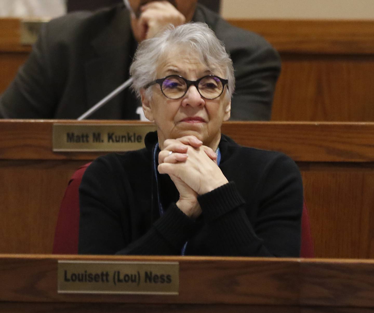 McHenry County Board member Louisett (Lou) Ness listens to a speaker during a McHenry County Board Committee of the Whole meeting Thursday, Dec. 15, 2022, in the McHenry County Administration Building in Woodstock.