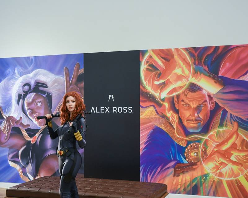 Lisa J. who portrays The Black Widow during a live model demonstration held on Saturday June 24, 2023, at the Elmhurst Museum during The Marvelcity: The Art of Alex Ross exhibit.