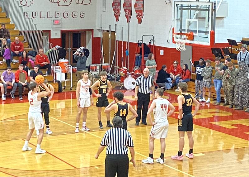Streator's Matt Williamson (2) shoots the front end of a pair of third-quarter free throws Friday, Jan. 24, 2025, against Reed-Custer at Pops Dale Gymnasium in Streator.