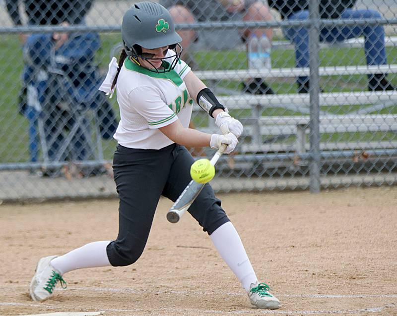 Seneca's Alyssa Zellers (6) leads off the first inning with a base hit against Putnam County on Tuesday, April 12, 2022, in Granville.