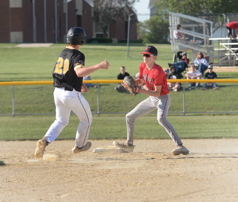 Forreston's Brady Gill gets ready to tag Lena-Winslow's Miles Mahon out at second at the 1A Forreston Sectional on Wednesday, May 22, 2024. The Cardinals won the game 10-4 to advance to the sectional championship on Saturday.