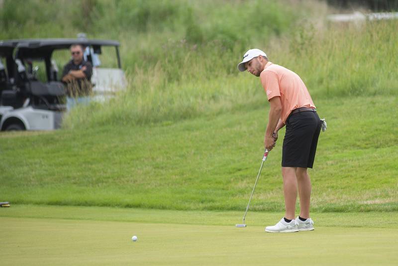 Dennis Reedy putts on #10 at the start of the second round Sunday, July 17, 2022 of the Lincoln Highway golf tournament at Prairie View Golf Club in Byron.