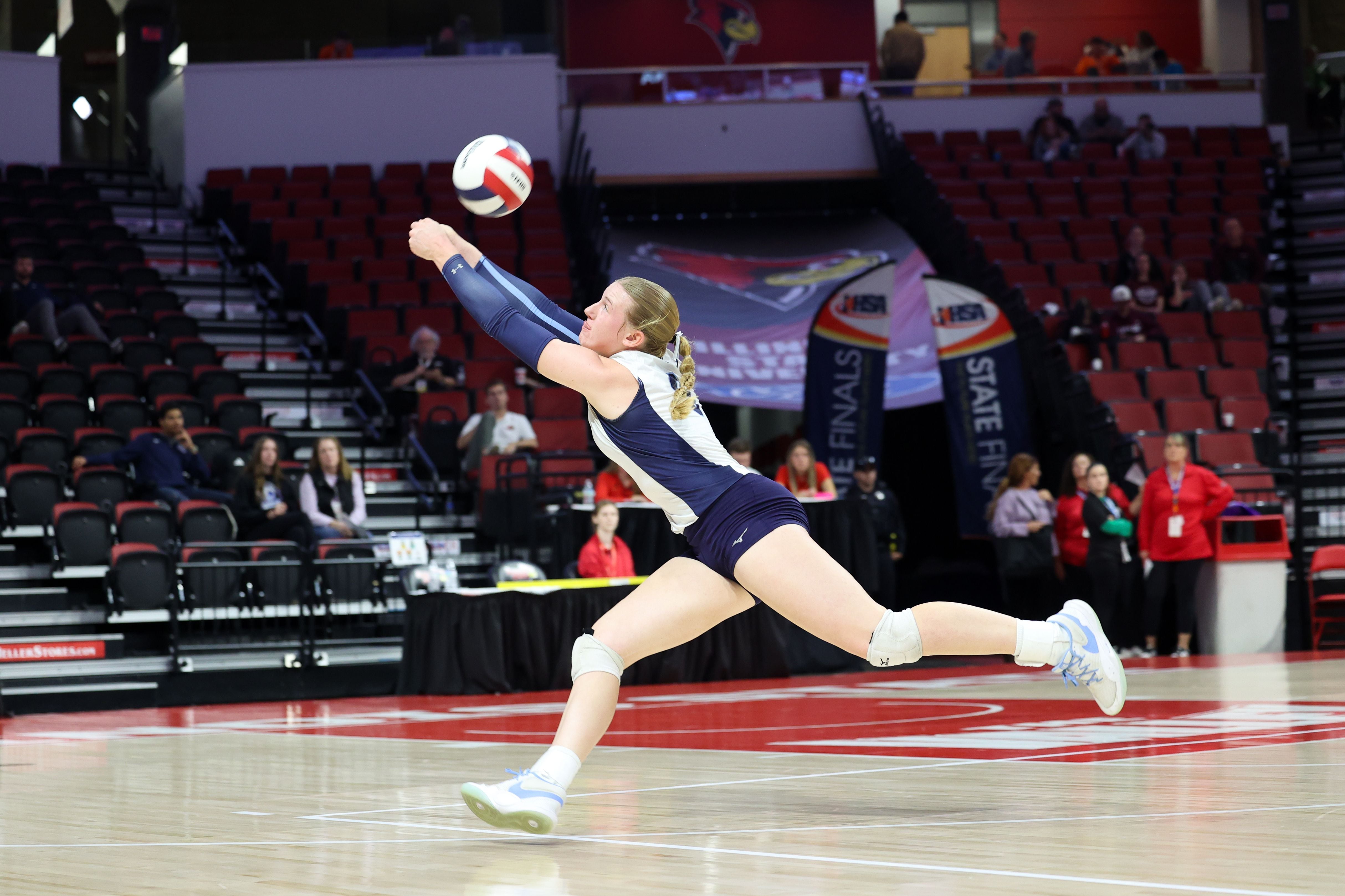 Cissna Park's Addison Lucht saves a deflected ball during the Timberwolves' victory in two sets, 25-11, 25-14, over Stockton in the IHSA Class 1A State championship on Saturday, Nov. 15, 2025.