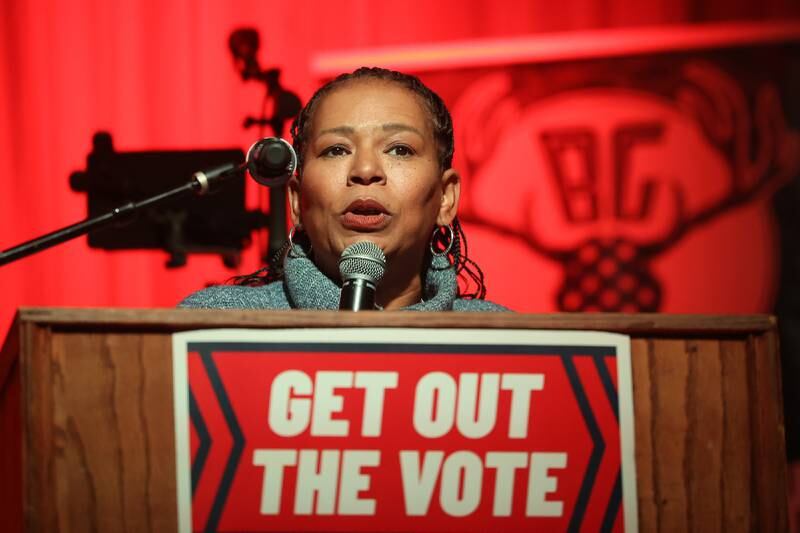 Stephanie Trussell, Republican nominee for Lieutenant Governor, speaks at the GOP rally at 115 Bourbon Street in Merrionette Park on Monday.