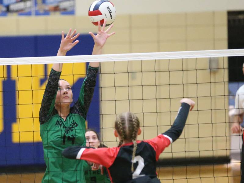 Leland's Emma Elder misses a spike from Earlville's Jessica Miller during the Class 1A Regional semifinals on Monday, Oct. 27, 2025 at Somonauk High School.