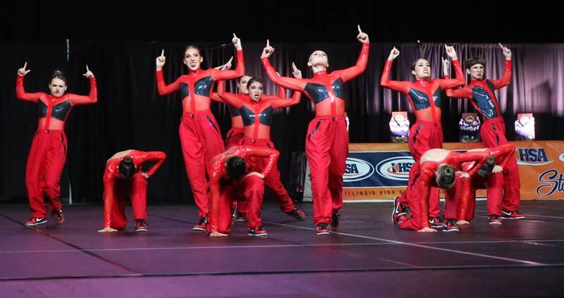 Members of the Grant High School dance team perform during the IHSA State Dance finals on Saturday, Feb. 1, 2025 at Grossingers Motor Arena in Bloomington.
