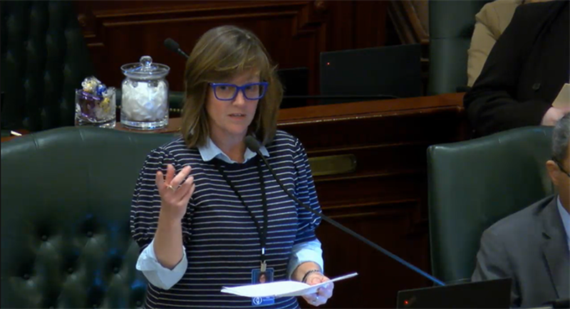 Rep. Katie Stuart, D-Edwardsville, speaks in favor of a bill on the House floor Thursday that would allow multi-occupancy all-gender bathrooms in Illinois.