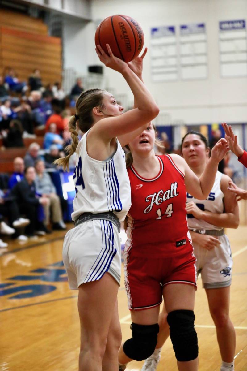 Princeton's Keighley Davis shoots from the baseline Thursday night against Hall at Prouty Gym. The Tigresses won 57-38.