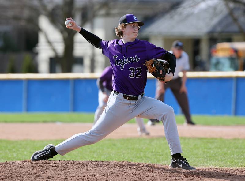 Downers Grove North's Ben Llewellyn (32) pitches during the boys varsity baseball game between Lyons Township and Downers Grove North high schools in Western Springs on Tuesday, April 11, 2023.