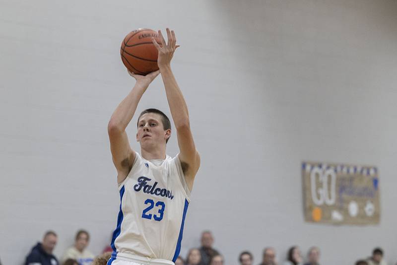 Faith Christian’s Logan Baker puts up a shot against QC Christian Tuesday, Dec. 9, 2025.