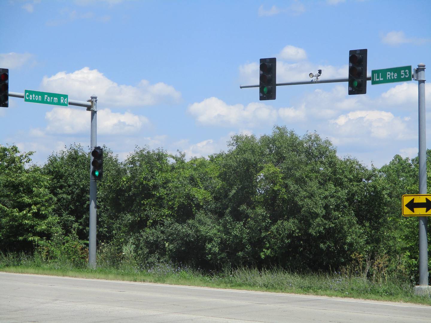 A proposed bridge would carry Caton Farm Road, which now stops at Route 53, as seen here in July 2022, over the Des Plaines River in Will County.