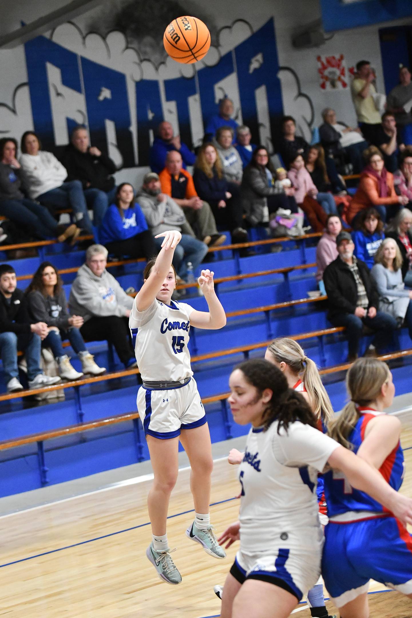 Central's Lia Prairie shoots a 3-pointer on Thurs., Feb. 13, during the Comets' 46-44 loss to Tri-Point in the River Valley Conference title game.
