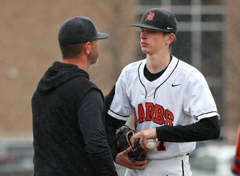DeKalb head coach Josh Latimer visits the mound to talk to pitcher Jackson Kees during their game against Naperville North Thursday, April 18, 2024, at DeKalb High School.