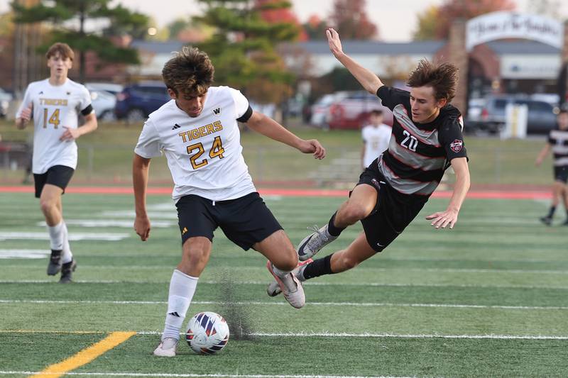 Joliet West’s Ivan Moreno steals the ball from Lincoln-Way Central’s Jackson Meyer in the Class 3A Lincoln-Way Central Regional semifinal on Tuesday, Oct. 22, 2024 in New Lenox.