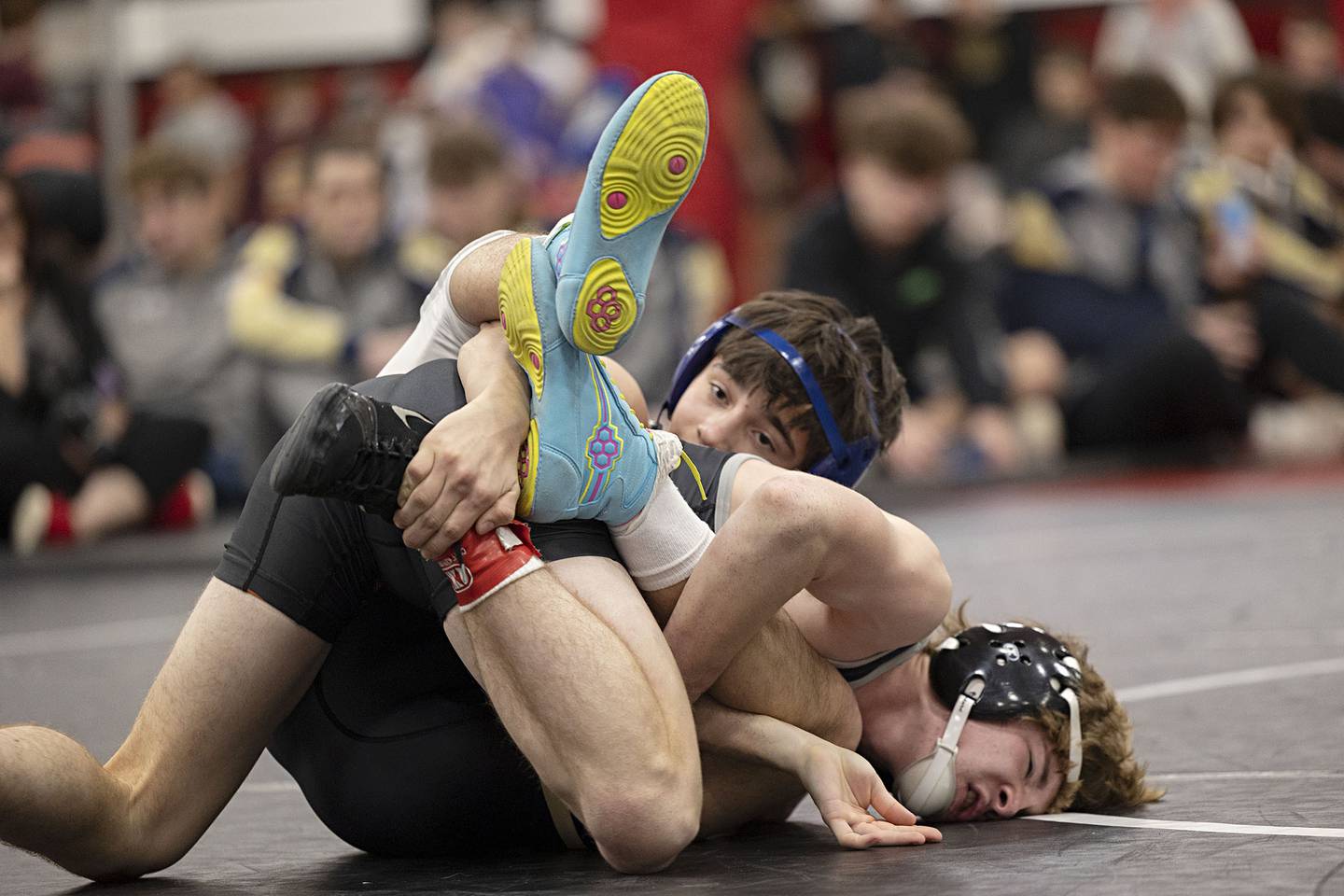Polo’s Josiah Perez (back) works on Illini Bluffs’ Hunter Robbins in the title match at 113 pounds Saturday, Dec. 17, 2022 at the Erie-Prophetstown Holiday Tournament.