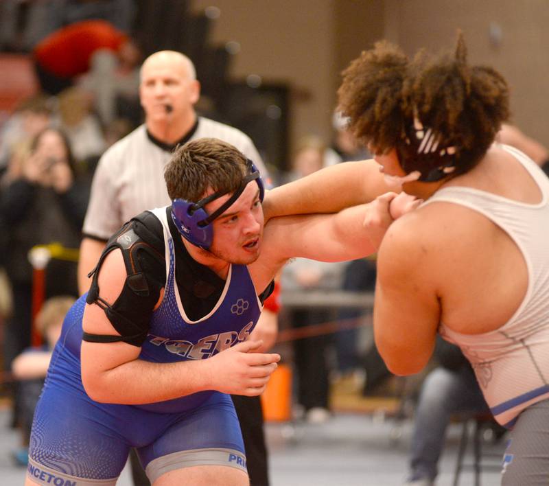 Princeton’s Cade Odell (left) and Wheaton St. Francis’ Jaylen Torres wrestle at 285 pounds at the 1A Oregon Sectional on Saturday, Feb. 15, 2025.