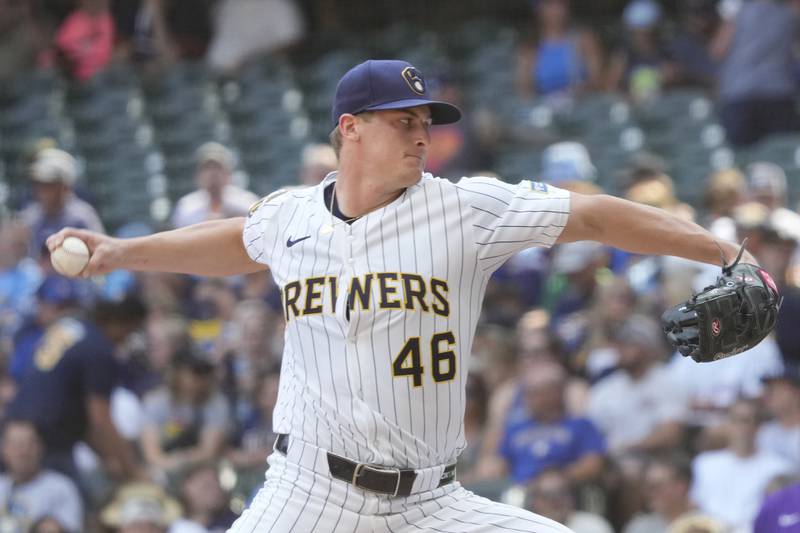 Milwaukee Brewers pitcher Quinn Priester throws during the first inning of a baseball game against the Colorado Rockies, Saturday, June 28, 2025, in Milwaukee. (AP Photo/Kayla Wolf)