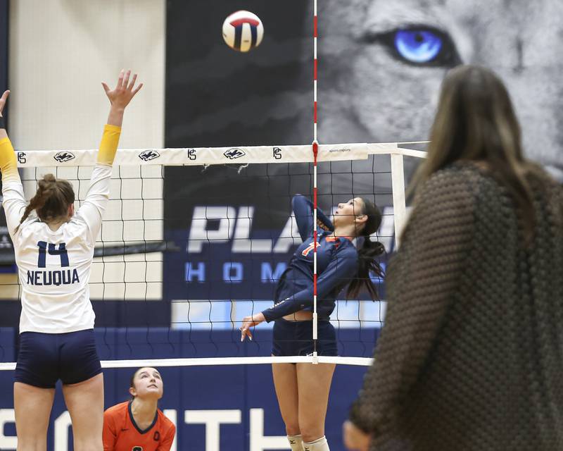 Oswego's Hannah Herrick (7) leaps for the kill during Class 4A Regional Final volleyball match between Neuqua Valley at Oswego. Oct 30, 2025 in Plainfield.