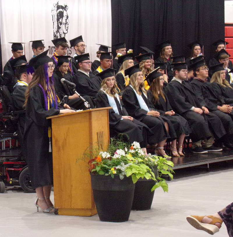 Graduating senior Jesse Simpson reminisces about her time at Woodland School to the Class of 2023 during the graduation ceremony Sunday, May 21, 2023.