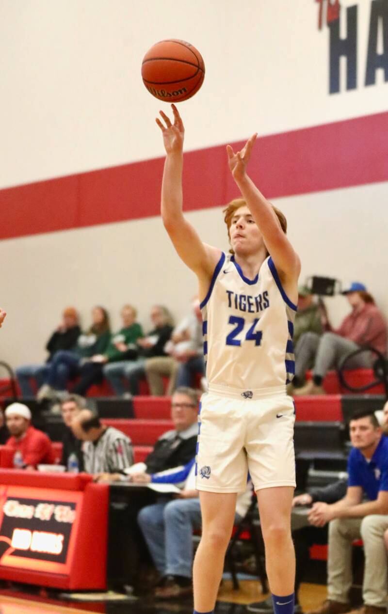 Princeton's Jimmy Starkey shoots against St. Bede Saturday night in the Colmone Classic.