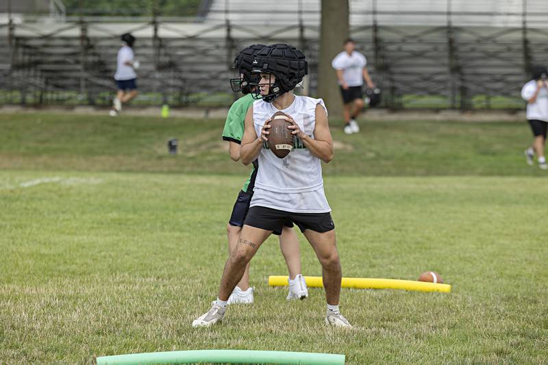 Rock Falls players run through drills Tuesday, August 8, 2023 during the first week of football practice.