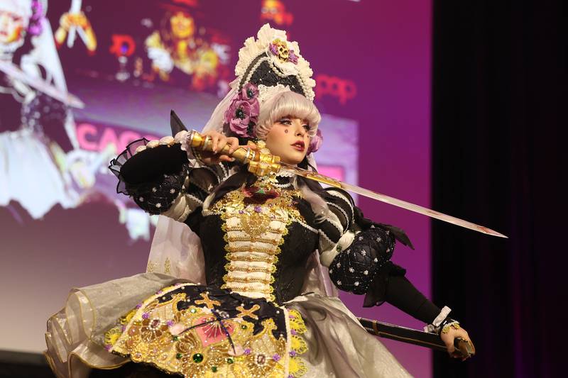 Cosplayer Alisyuon, dressed as a Sakizo Clown Doll, placed 3rd in the 2023 Cosplay Central Global Crown Championship at C2E2 Chicago Comic & Entertainment Expo on Saturday, April 1, 2023 at McCormick Place in Chicago.