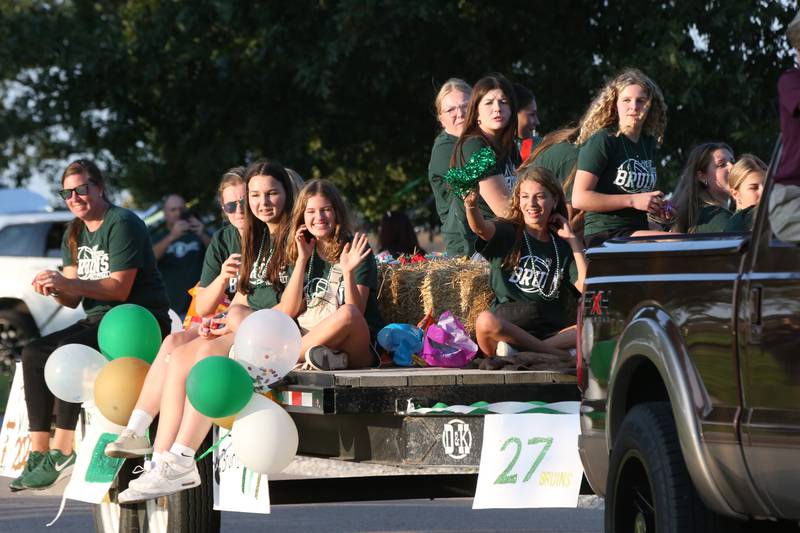 Members of the St. Bede volleyball team ride in the St. Bede Homecoming Parade on Friday, Sept. 29, 2023 at St. Bede Lane.