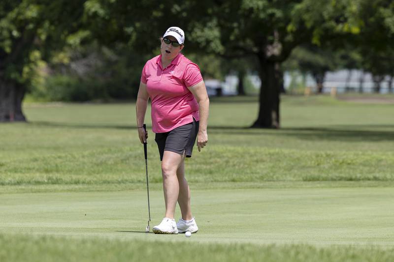 Kim Lester of Kishwaukee chips reacts to lipping out on #5 Friday, July 11, 2025, during the 102nd annual Ladies Lincoln Highway golf tournament at Timber Creek Golf Club in Dixon.