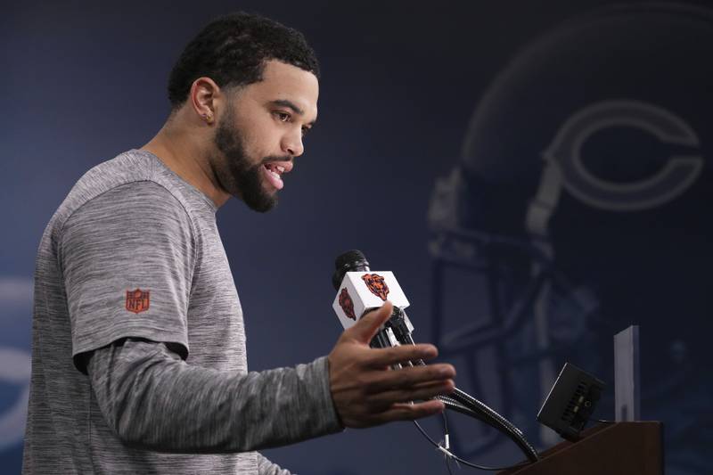 Chicago Bears quarterback Caleb Williams talks to media at a news conference after NFL football practice in Lake Forest, Ill., Wednesday, May 28, 2025. (AP Photo/Nam Y. Huh)