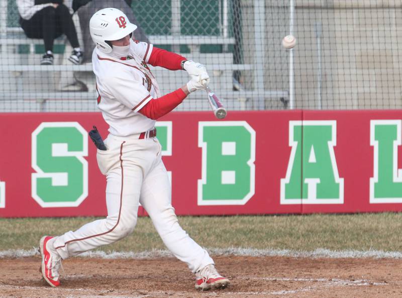 L-P's Griffin May smacks a triple against Mendota on Thursday, April 3, 2025 at Huby Sarver Field inside the L-P Athletic Complex in La Salle.