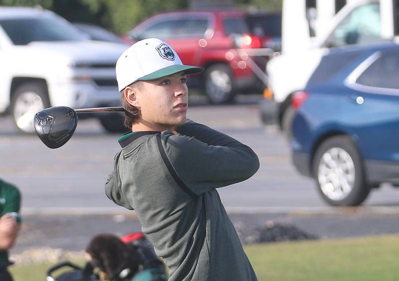 St. Bede's Zach Husser tees off during the Class 1A Regionals on Wednesday, Oct. 1, 2025 at Deer Park Golf Club in Oglesby.