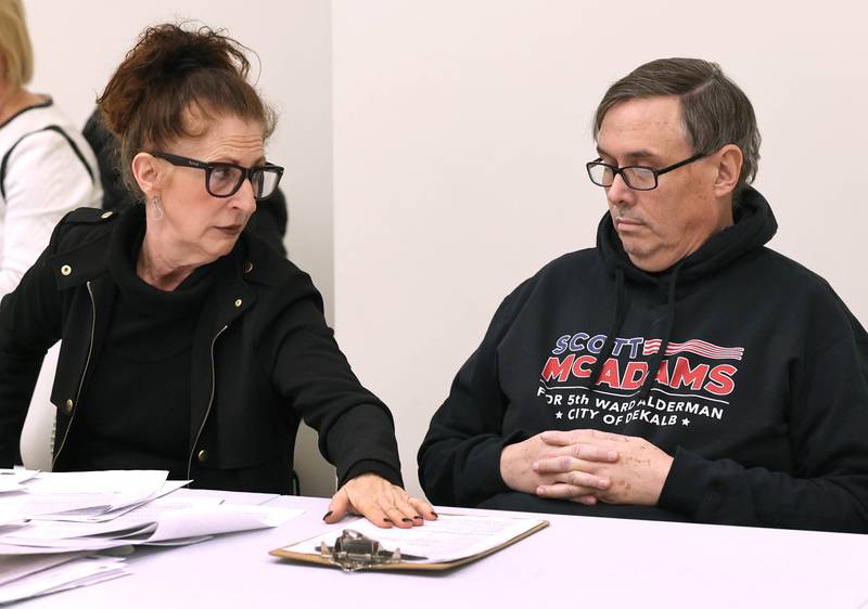 DeKalb City Council Ward 5 alderman Scott McAdams talks to his attorney Anna Wilhelmi Friday, Jan. 13, 2023, during a City of DeKalb Electoral Board hearing. The hearing was held to decide if McAdams, who is running unopposed for DeKalb’s 5th Ward aldermanic seat, should be removed from the ballot due to objections filed by two residents regarding signatures and filing procedure.