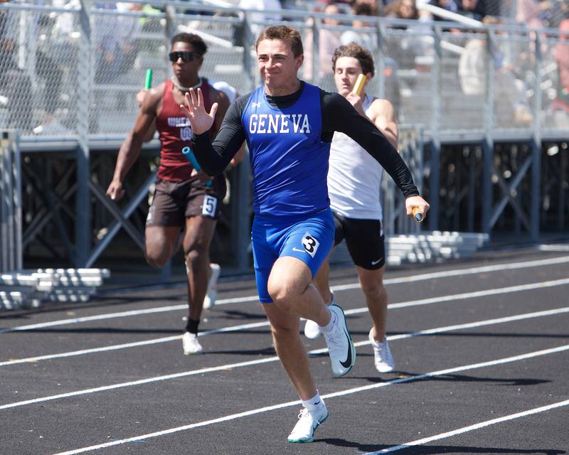 Geneva's Dom DiLeonardi competes in the 4X100 Relay at Kaneland's Peterson Prep invite on Saturday, April 26,2025 in Maple Park.