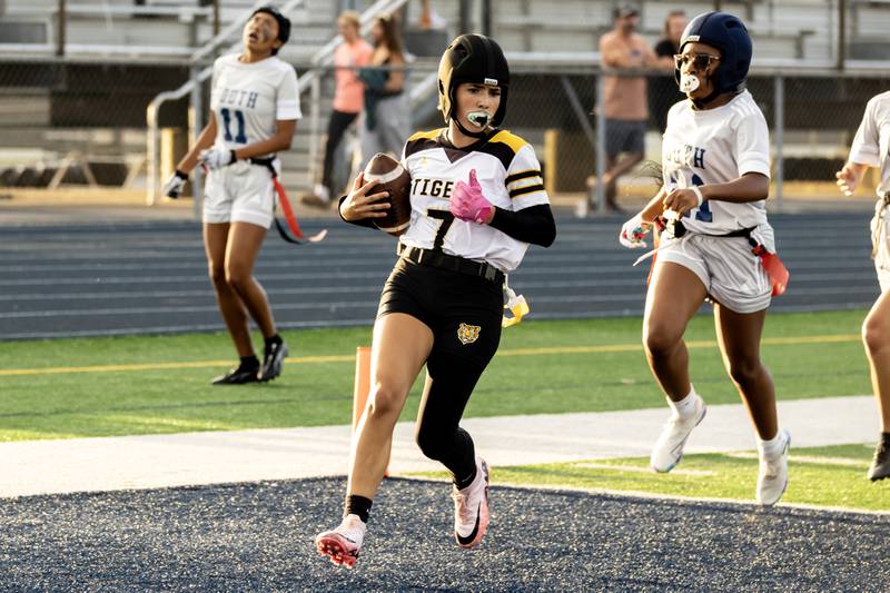 Joliet West's Mallory Crisafulli scores a touchdown against Plainfield South at Plainfield South on Aug. 27, 2025.