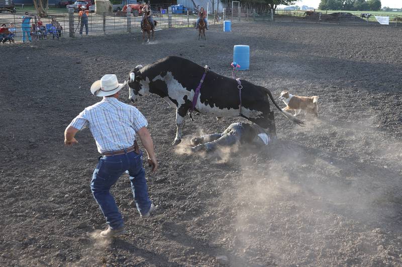 Dominic Dubberstine-Ellerbrock is thrown and trampled by a bull during practice. Dominic will be competing in the 2022 National High School Finals Rodeo Bull Riding event on July 17th through the 23rd in Wyoming. Thursday, June 30, 2022 in Grand Ridge.