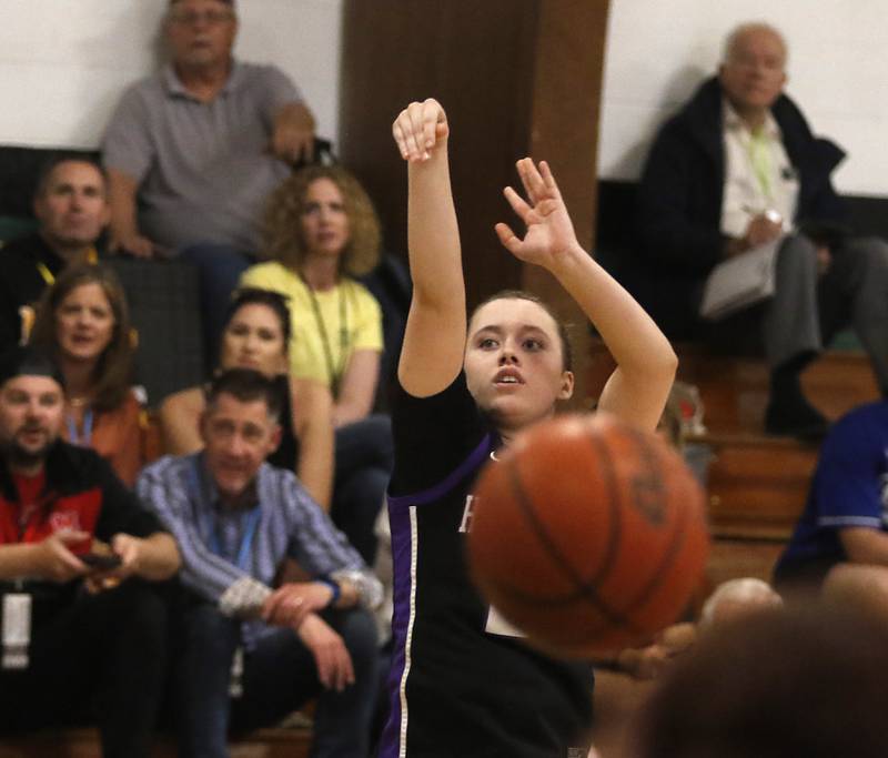 Hampshire's Whitney Thompson watches one of her ten three-pointers drop in the girl’s three-point contest of McHenry County Area All-Star Basketball Extravaganza on Sunday, April 14, 2024, at Alden-Hebron’s Tigard Gymnasium in Hebron.