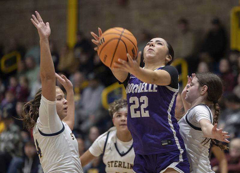 Rochelle’s Gianna Olguin puts a shot up against Sterling Tuesday, Jan. 6, 2026.