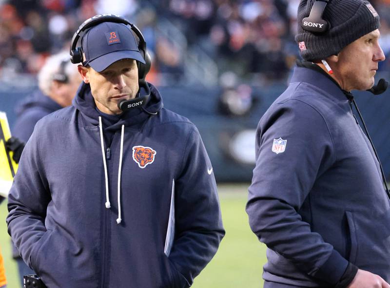 Chicago Bears head coach Ben Johnson paces the sidelines during their game against the Detroit Lions Sunday, Jan. 4, 2026, at Soldier Field in Chicago.