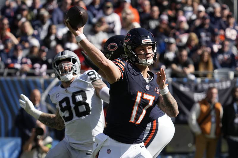 Chicago Bears quarterback Tyson Bagent passes against the Las Vegas Raiders in the first half, Sunday, Oct. 22, 2023, in Chicago.