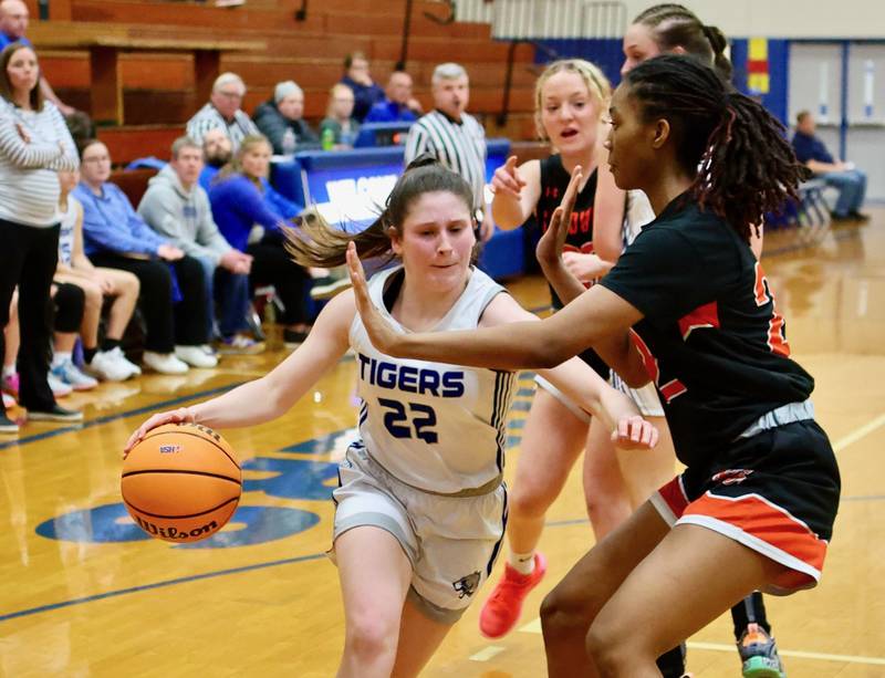 Princeton's Camryn Driscoll drives on Sandwich's Alayla Harris in regional semifinal play Tuesday at Prouty Gym. The Tigresses won 50-35.