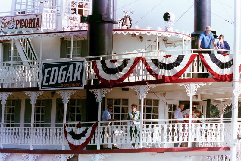 The Spirit of Peoria displays a Jim Edgar candidate for Governor of Illinois, sign while docked on Thursday, Aug. 30, 1990 in Peru.