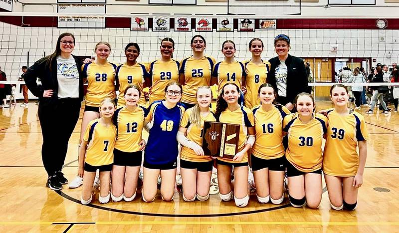 Princeton Logan’s 7th-grade volleyball team defeating Crest Hill Richland 25-14, 25-18 to claim the Class 3A Morris Sectional on Monday. The Lions (21-3) advance to state to face Staunton (26-1) at 8:15 p.m. on Friday at Warrensburg-Latham High School.