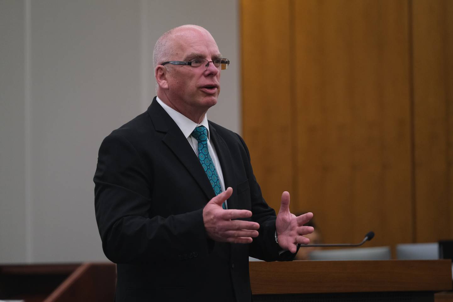 Will County Assistant State's Attorney Tom Slazyk delivers opening statements to the jury in the first-degree murder trial of Robert Watson, 29, on Wednesday, May 3, 2023.