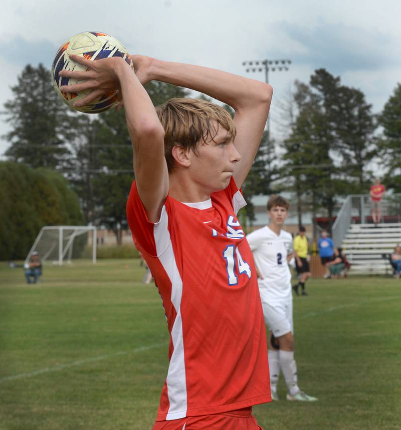 Oregon's Brian Wallace (14) throws the ball into play against Pecatonica on Tuesday, Sept. 23, 2025 at Oregon Park West.