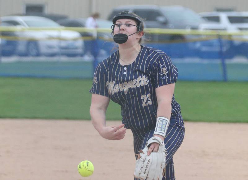 Marquette's Taylor Cuchra fires a pitch to St. Bede on Thursday, April 18, 2024 in Ottawa.