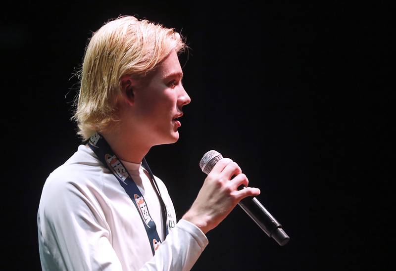 Crystal Lake South's Blake Marunde talks about the teams season during a celebration for the Crystal Lake South boys soccer team on Wednesday, Nov. 8, 2023, at Crystal Lake South High School. South defeated Peoria Notre Dame to win their second soccer state championship on Saturday.